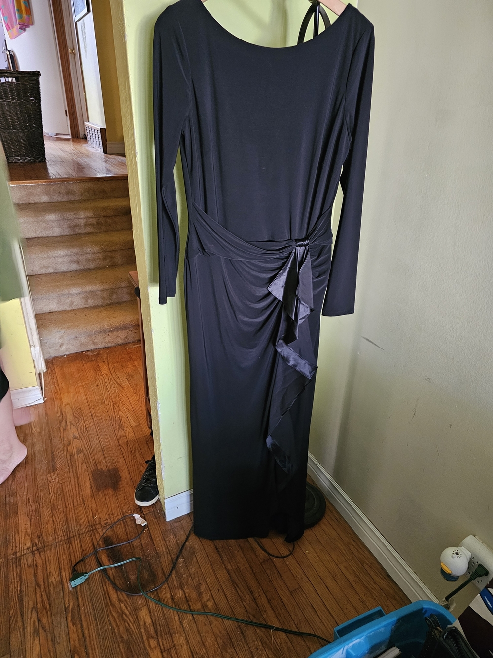 Ralph Lauren Black Long-Sleeve Draped Tie-Waist Gown